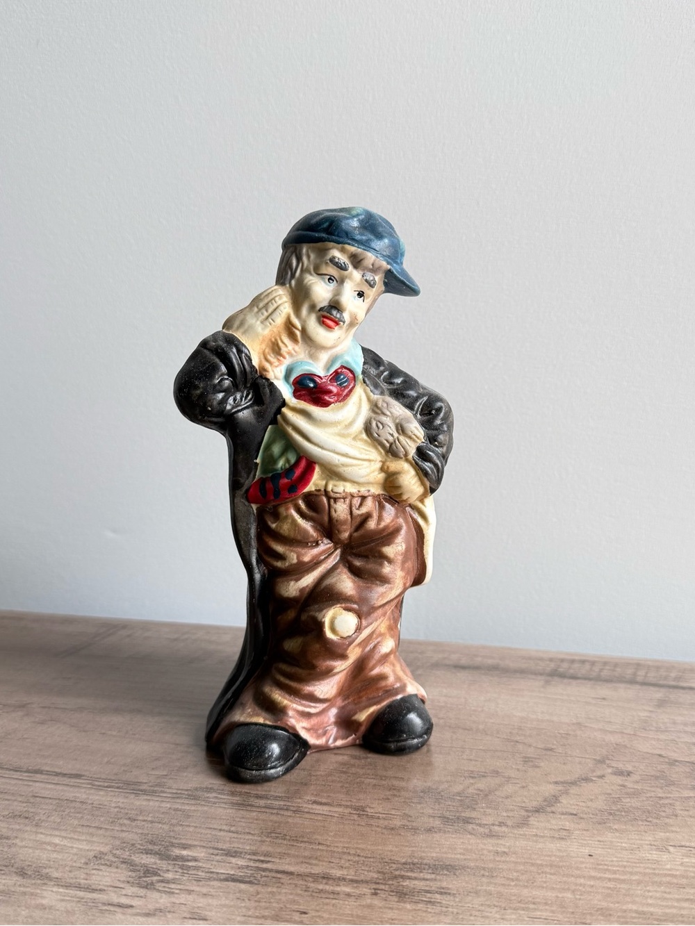Hand-Painted Ceramic Clown Figurine Blue Brown Black & Cream